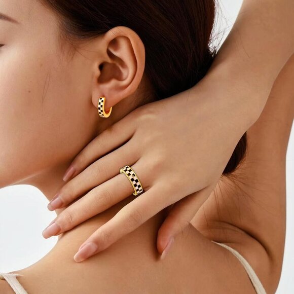 Checkered Jewelry Set Women 18K Gold Plated Stainless Steel Gift-Ready - Picture 3 of 7